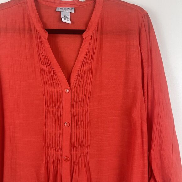 Catherine's Top Sz 0X Red Orange Pleated Button Front Blouse Sheer Flowy Boho - Picture 2 of 8
